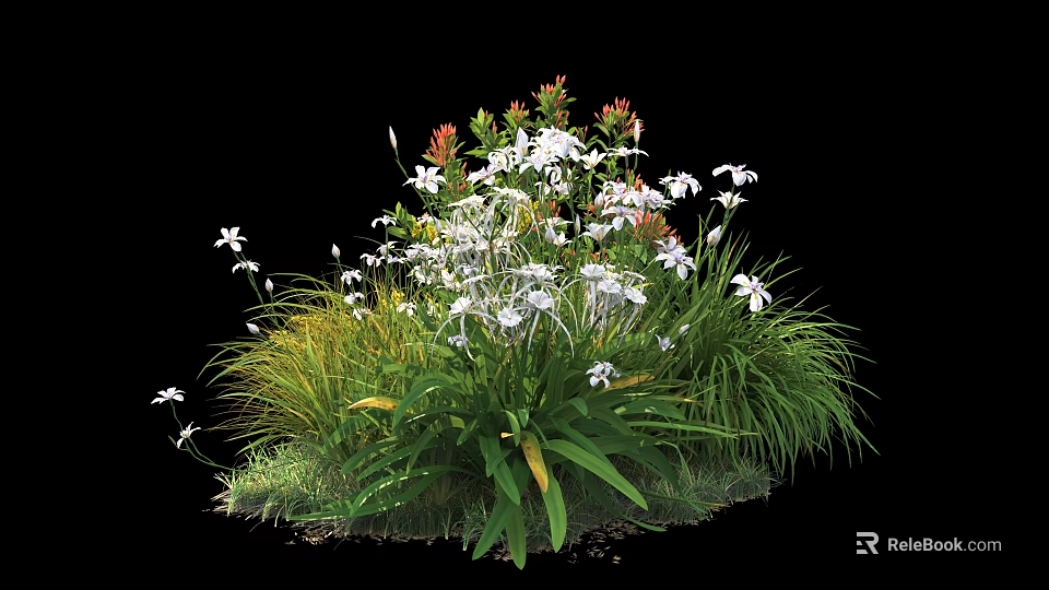 Lush Shrub Cluster With White Flowers Green Foliage And Herb Plants 3d model 