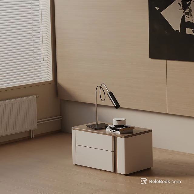 Modern Bedside Table with Table Lamp Cup Books and Drawer by Wooden Wall Window Blinds 3d model 