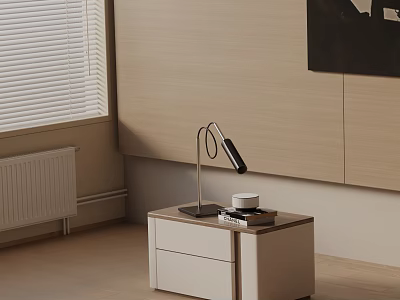 Modern Bedside Table with Table Lamp Cup Books and Drawer by Wooden Wall Window Blinds 3d model