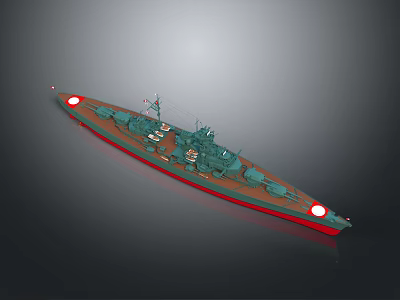 Detailed Warship Model With Green Hull Red Bottom And Naval Equipment 3d model