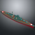 Detailed Warship Model With Green Hull Red Bottom And Naval Equipment
