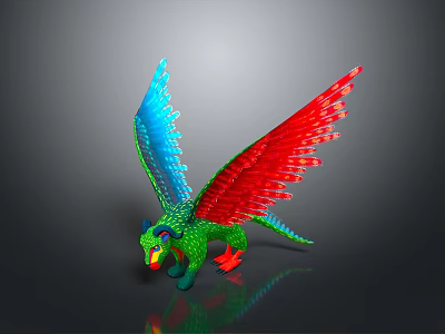 Vibrant 3D Dragon Animal Art With Green Body Blue Red Wings Detailed Design 3d model