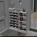 White Shoe Cabinet With Vase Photo Frame And Multiple Layers For Different Shoes Near Home Rug