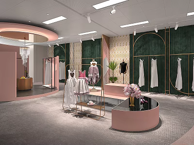 Modern Clothing Store Interior With Green Backdrop Walls Pink Counter Mannequins Hanging Dresses And Spotlights 3d model