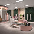 Modern Clothing Store Interior With Green Backdrop Walls Pink Counter Mannequins Hanging Dresses And Spotlights