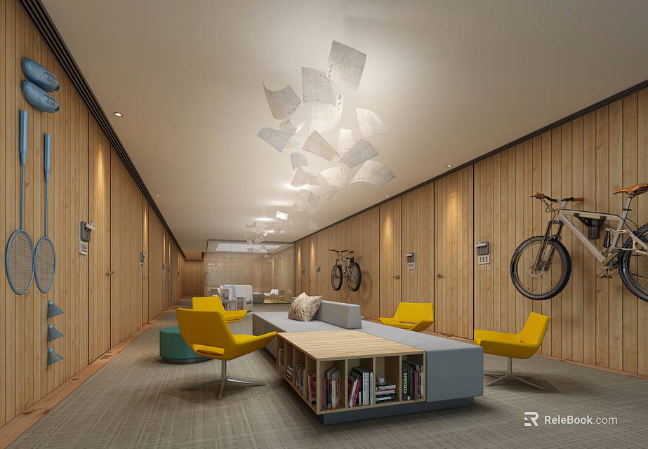 Modern Hotel Public Lounge Area With Wooden Panel Walls Yellow Accent Chairs And Bookshelf 3d model 