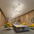 Modern Hotel Public Lounge Area With Wooden Panel Walls Yellow Accent Chairs And Bookshelf