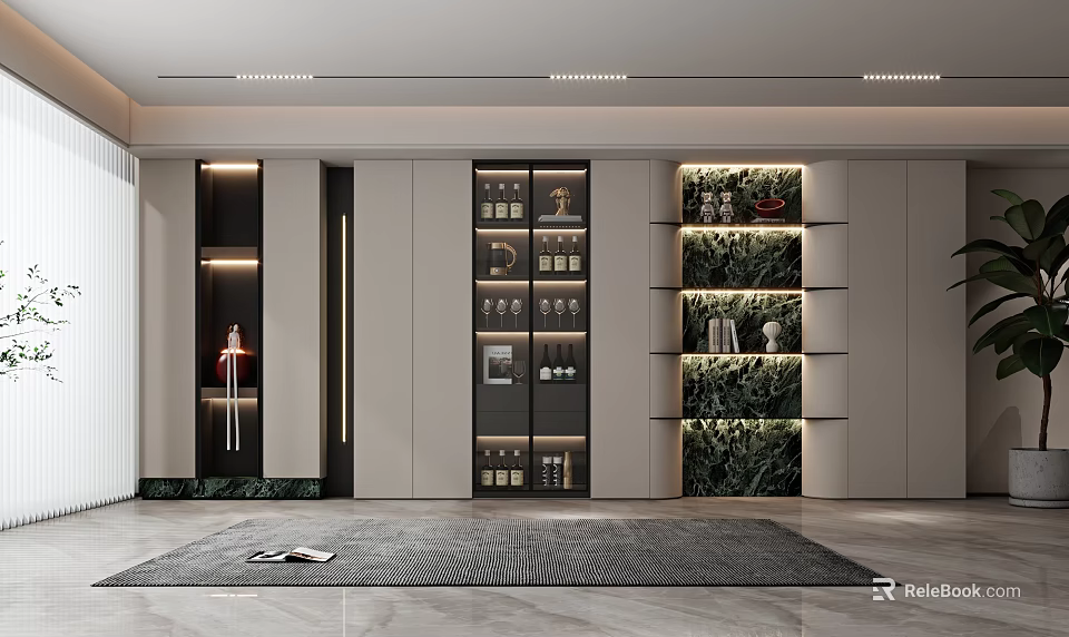 Modern Interior Design Featuring Stylish Wine Cabinet With Wine Bottles Glassware And Green Plant Wall 3d model 