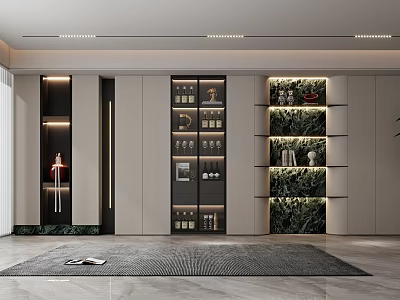 Modern Interior Design Featuring Stylish Wine Cabinet With Wine Bottles Glassware And Green Plant Wall 3d model