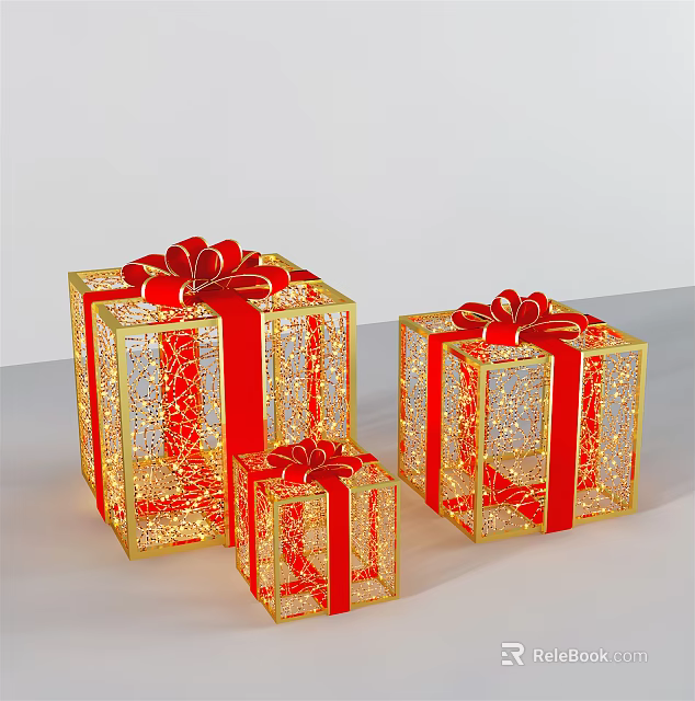 Set of Three Ornate Golden Lace Gift Boxes With Red Bows And Ribbons 3d model 