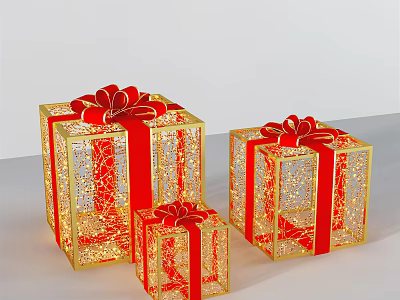 Set of Three Ornate Golden Lace Gift Boxes With Red Bows And Ribbons 3d model