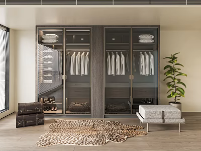 Modern Wardrobe Interior With Glass Doors Hanging Clothes Bench Potted Plant And Leopard Print Rug 3d model