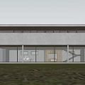 Modern Detached Villa With Concrete Exterior Large Glass Windows And Green Lawn