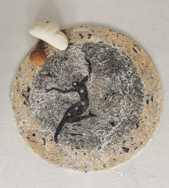 Round Area Rug With Abstract Black Figure Design Beige And Gray Background Modern Artistic Style 3d model 