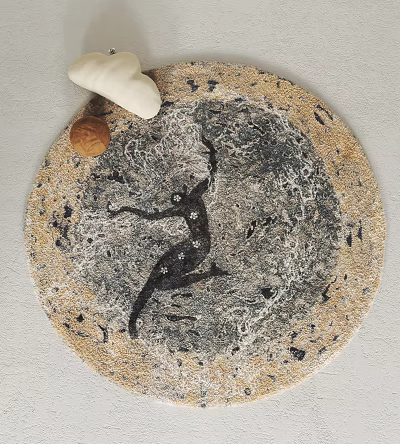 Round Area Rug With Abstract Black Figure Design Beige And Gray Background Modern Artistic Style 3d model