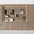 Modern Wooden Decorative Cabinet With Stone Wall Shelves Decorations Books And Plant