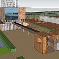 Modern Office Building With Dome Structure Blue Decorations Green Lawn And Surrounding Buildings