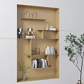 Wall Mounted Beige Storage Shelves With Multiple Compartments Holding Books Decorative Items And Small Plants