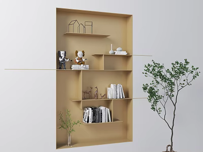 Wall Mounted Beige Storage Shelves With Multiple Compartments Holding Books Decorative Items And Small Plants 3d model