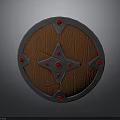 Round Wooden Shield With Metal Frame Red Accents And Star Shaped Center