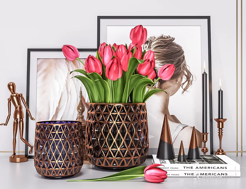Red Tulips in Geometric Metal Vase with Framed Art Books and Decorative Items 3d model 