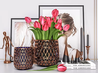 Red Tulips in Geometric Metal Vase with Framed Art Books and Decorative Items 3d model