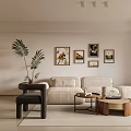 Minimalist Natural Dining and Living Room With Wooden Furniture Hanging Pendant Light and Window Plant