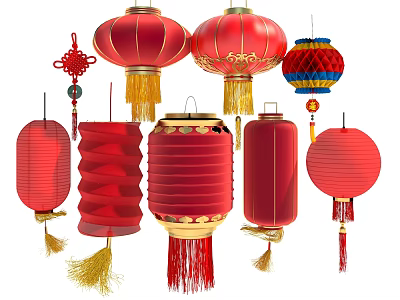 Traditional Chinese Red Lanterns With Diverse Designs And Golden Tassel Decorations 3d model