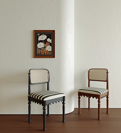 Dining Chairs with Rattan Backrests Striped Cushions Black Brown Frames White Wall Corner Flower Painting 3d model