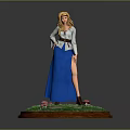 Blonde Female Wearing White Top And Blue Skirt On Grass Base With Pink Flowers Stone Path