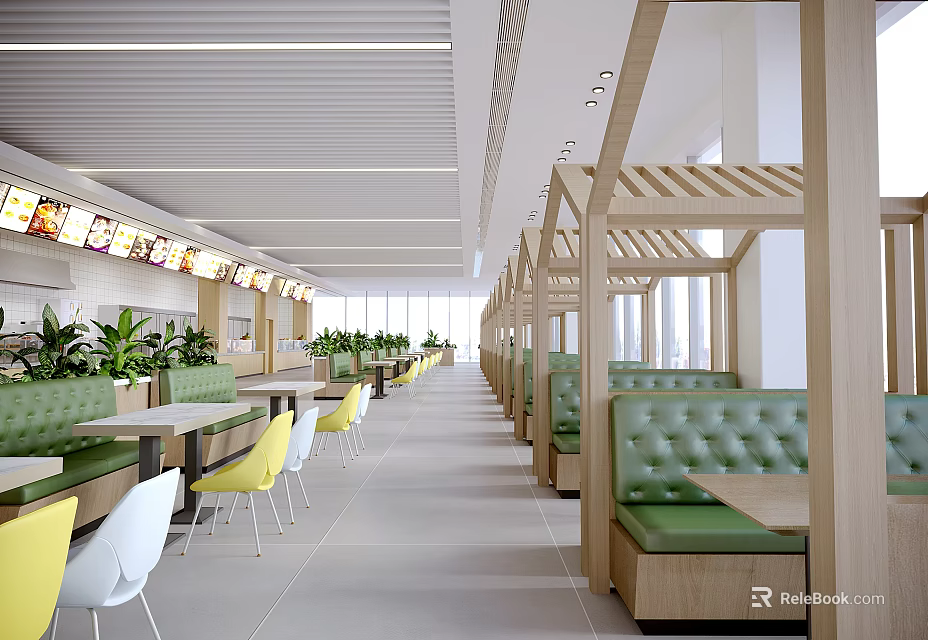 Modern Restaurant Interior With Green Booths Yellow White Chairs Wooden Partitions And Green Plants 3d model 