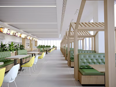 Modern Restaurant Interior With Green Booths Yellow White Chairs Wooden Partitions And Green Plants 3d model