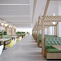 Modern Restaurant Interior With Green Booths Yellow White Chairs Wooden Partitions And Green Plants