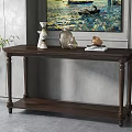 Dark Wooden Console Table With Carved Legs Decorative Vases Books And Colorful Painting On Gray Wall