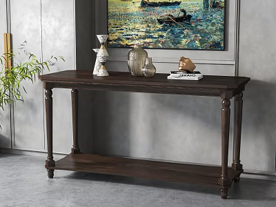 Dark Wooden Console Table With Carved Legs Decorative Vases Books And Colorful Painting On Gray Wall 3d model