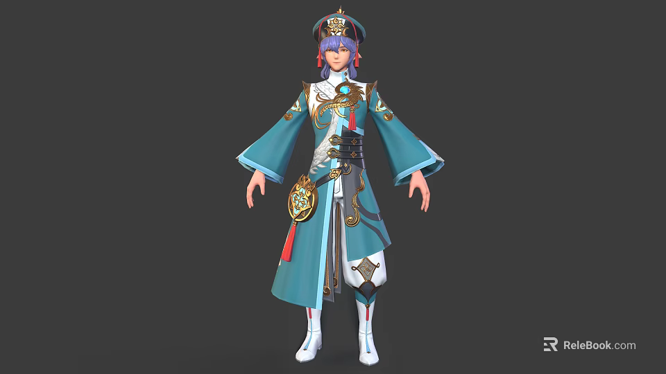 Elegant Traditional Character With Purple Hair Blue Green Robe And Gold Decorations 3d model 