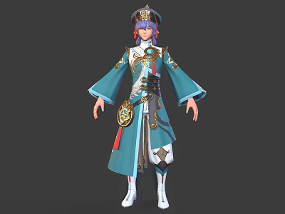 Elegant Traditional Character With Purple Hair Blue Green Robe And Gold Decorations 3d model