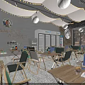 Modern Restaurant Interior With Wooden Tables Green Seats Round Pendant Lights And Refrigerated Display Cabinets