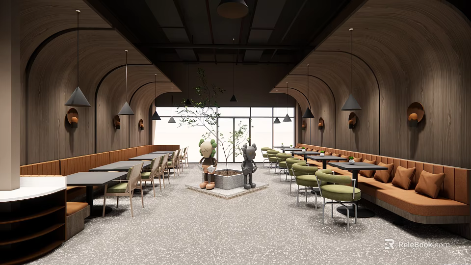 Modern Restaurant Interior With Arched Wooden Walls Hanging Lamps Green Chairs And Central Plant Decor 3d model 