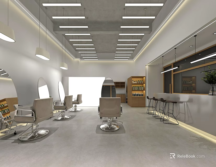 Modern Hair Salon Interior With Styling Chairs Mirrors Hanging Lights And Display Shelves 3d model 