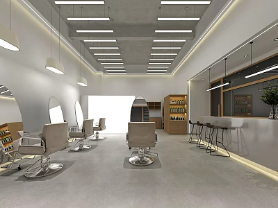 Modern Hair Salon Interior With Styling Chairs Mirrors Hanging Lights And Display Shelves 3d model