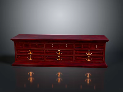 Mahogany Wooden Sideboard With Golden Handles Multiple Drawers And Reflective Base 3d model