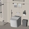 Modern Bathroom Toilet With White Tiles Towel Rack And Trash Bin