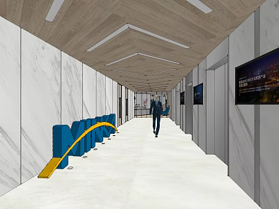 Modern Office Corridor Interior With White Walls Wooden Ceiling Blue Yellow Seats And Display Screens 3d model