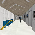 Modern Office Corridor Interior With White Walls Wooden Ceiling Blue Yellow Seats And Display Screens