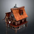 Whimsical Medieval Cottage 3D Model With Brown Tiled Roof Wooden Structure And Chimney