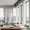 Modern Living Room Interior With Large Windows Sea View White Sofa And Green Plant