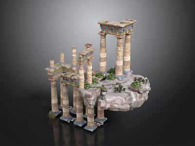 Ancient Architectural Ruins With Tall Columns On Floating Rock Platform And Green Plants 3d model