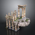 Ancient Architectural Ruins With Tall Columns On Floating Rock Platform And Green Plants