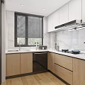 Modern Kitchen Interior With White Upper Cabinets Wooden Lower Cabinets And Marble Backsplash